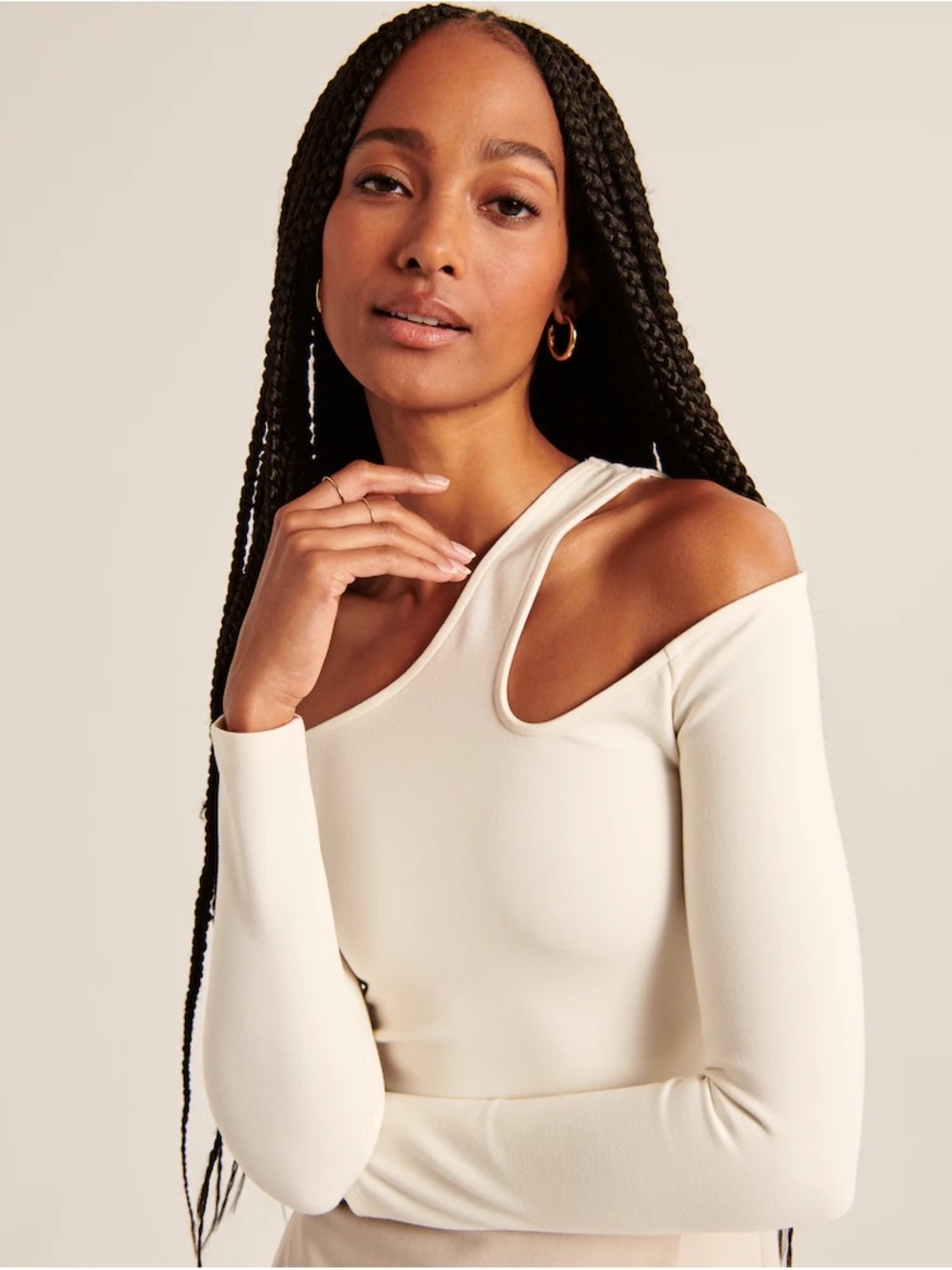 Abercrombie & Fitch cream long sleeve elevated off the shoulder top, size small